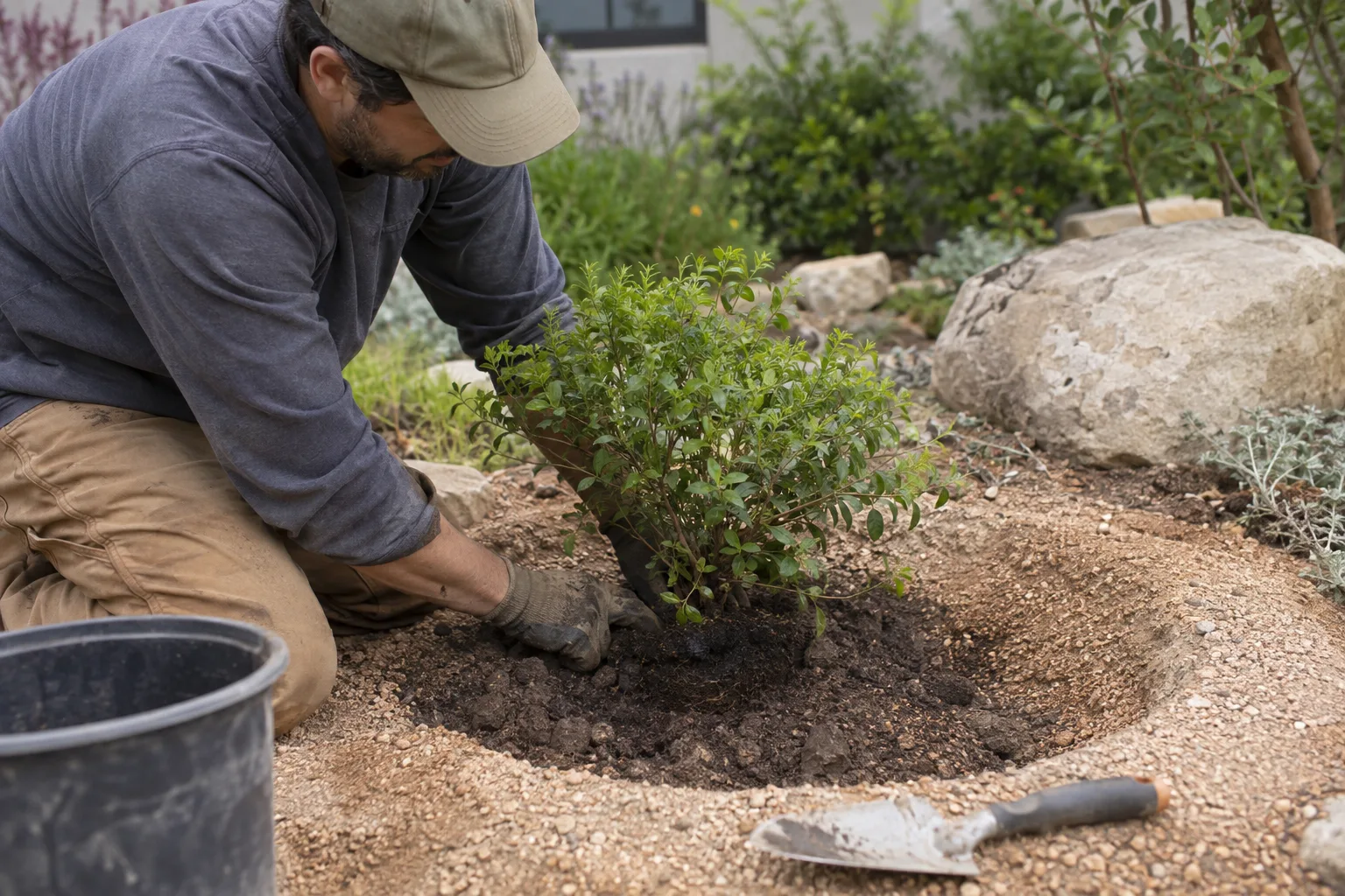 Gardener planting a desert shrub in a shallow watering basin with granite mulch