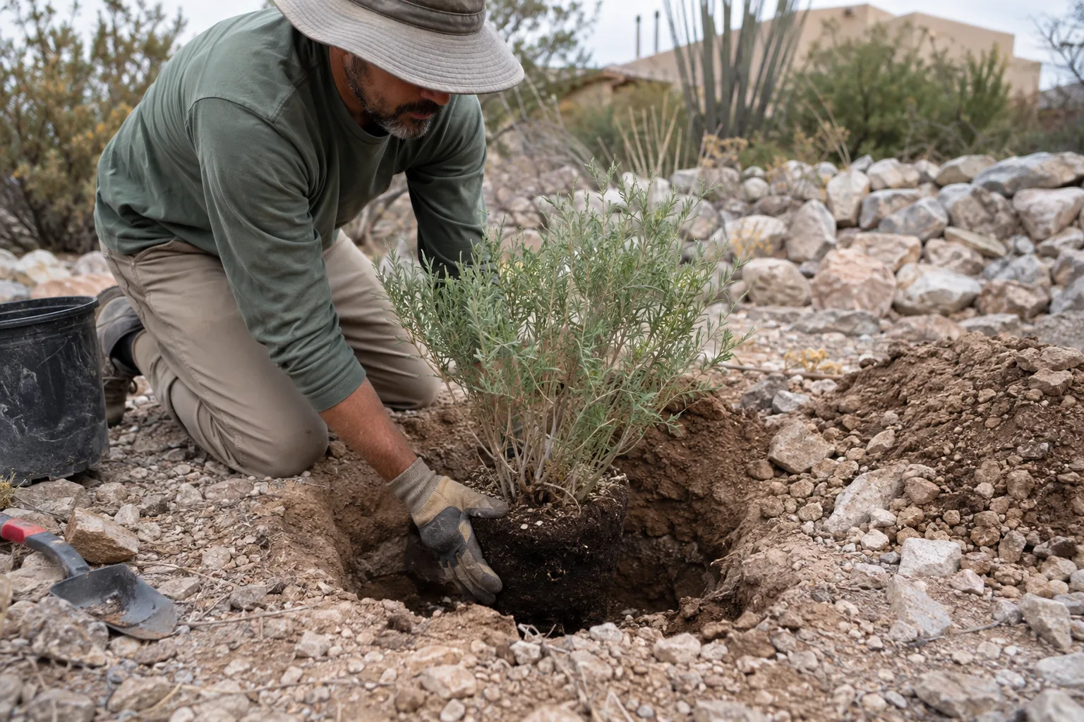 Gardener setting a desert shrub into a wide planting hole in rocky soil
