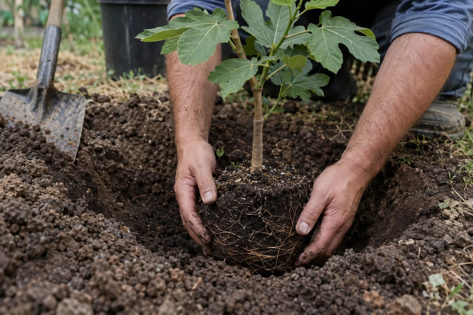 Gardener setting a young fig tree level with the soil in a wide planting hole