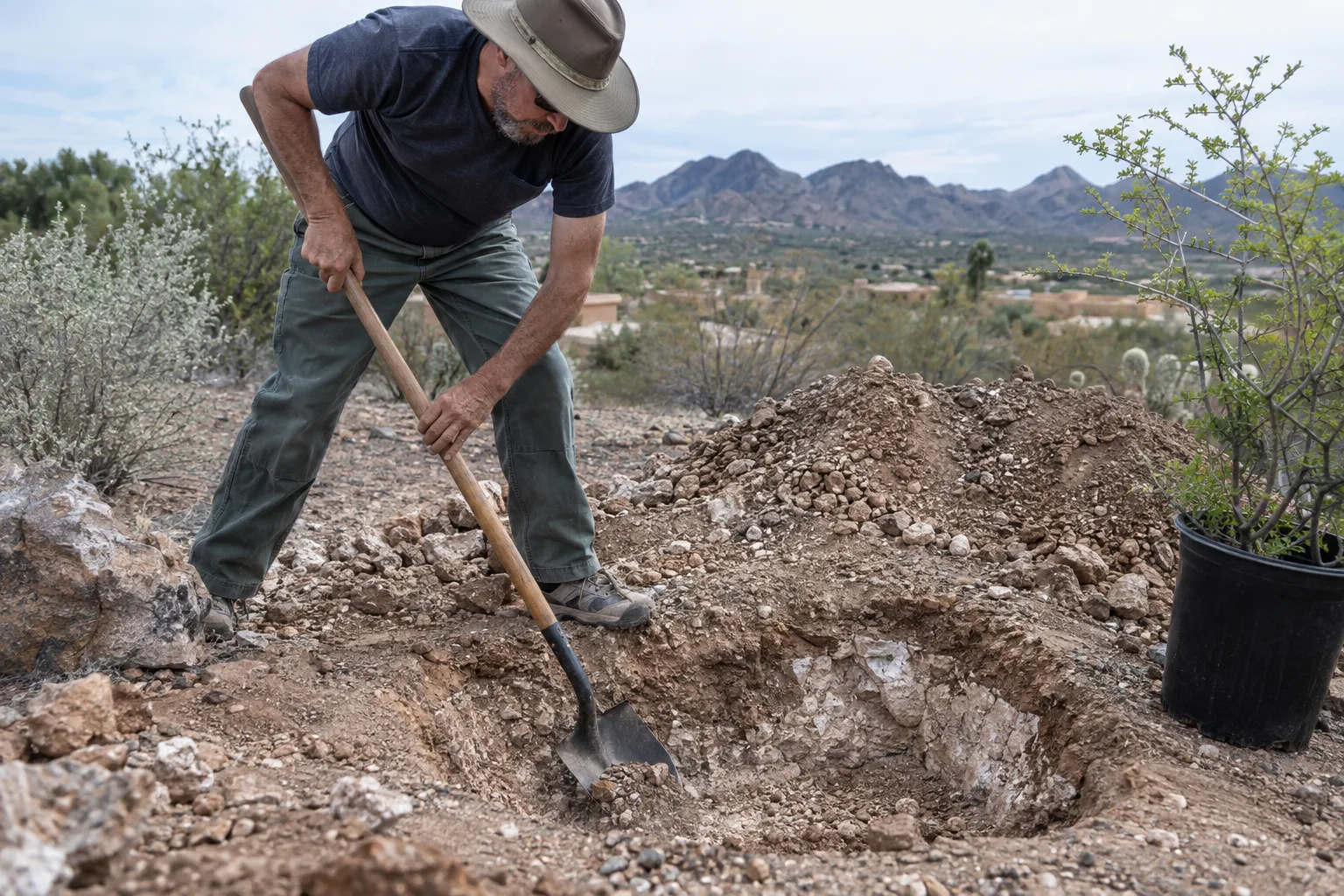 Gardener digging a wide planting hole in hard caliche soil in Queen Creek