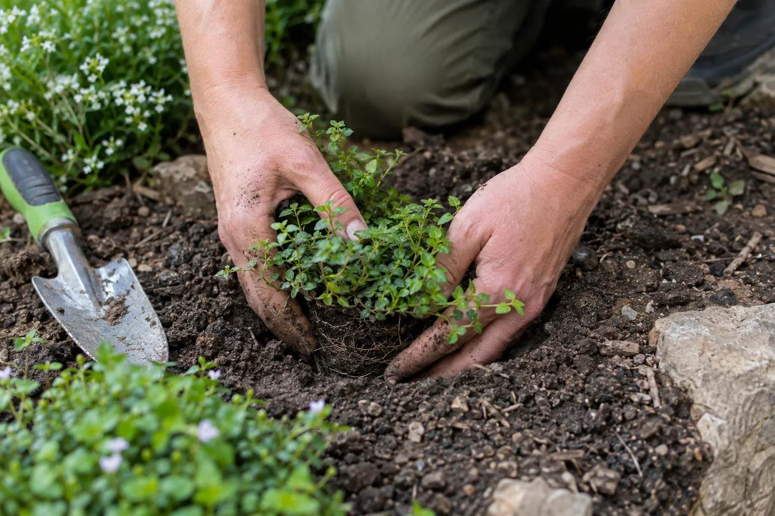 Gardener planting a small groundcover with the crown set slightly above the surrounding desert soil