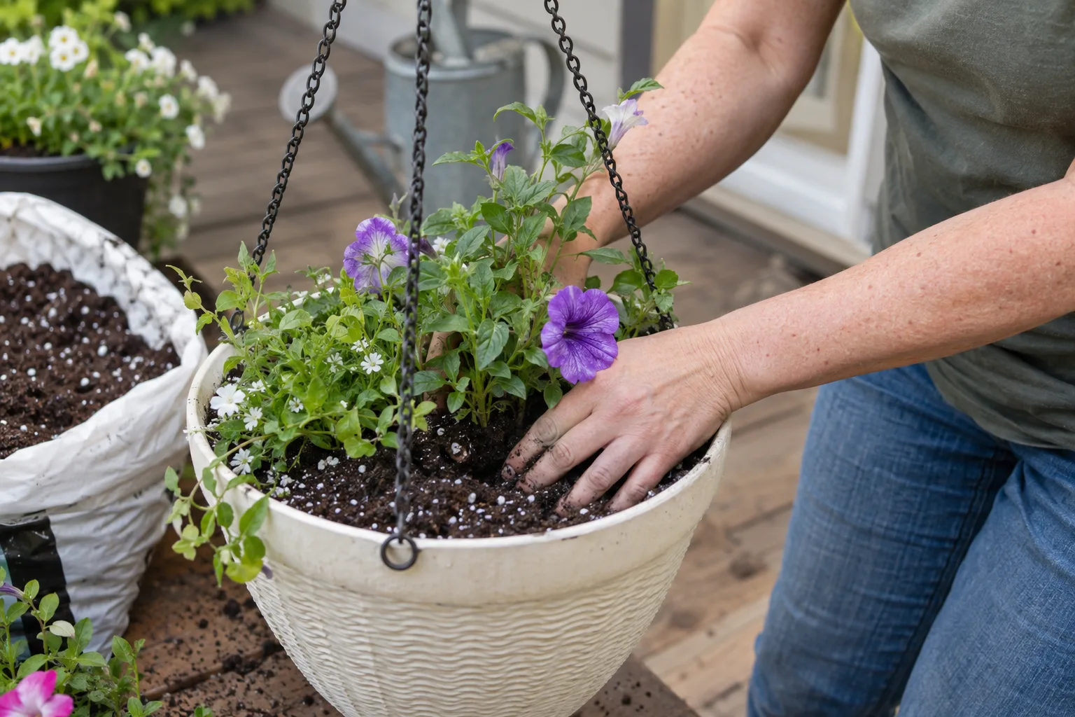 Gardener filling a light-colored hanging basket with potting mix and perlite before adding plants at Desert Horizon Nursery