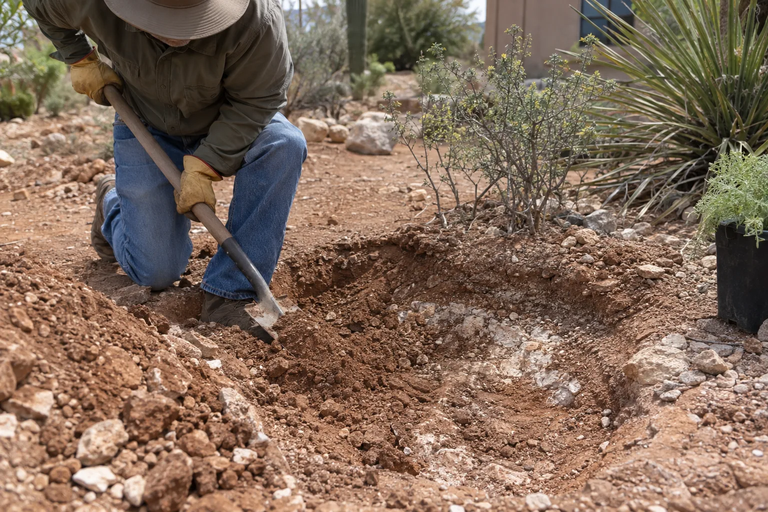 Wide shallow planting hole dug in hard desert soil with a young tree nearby
