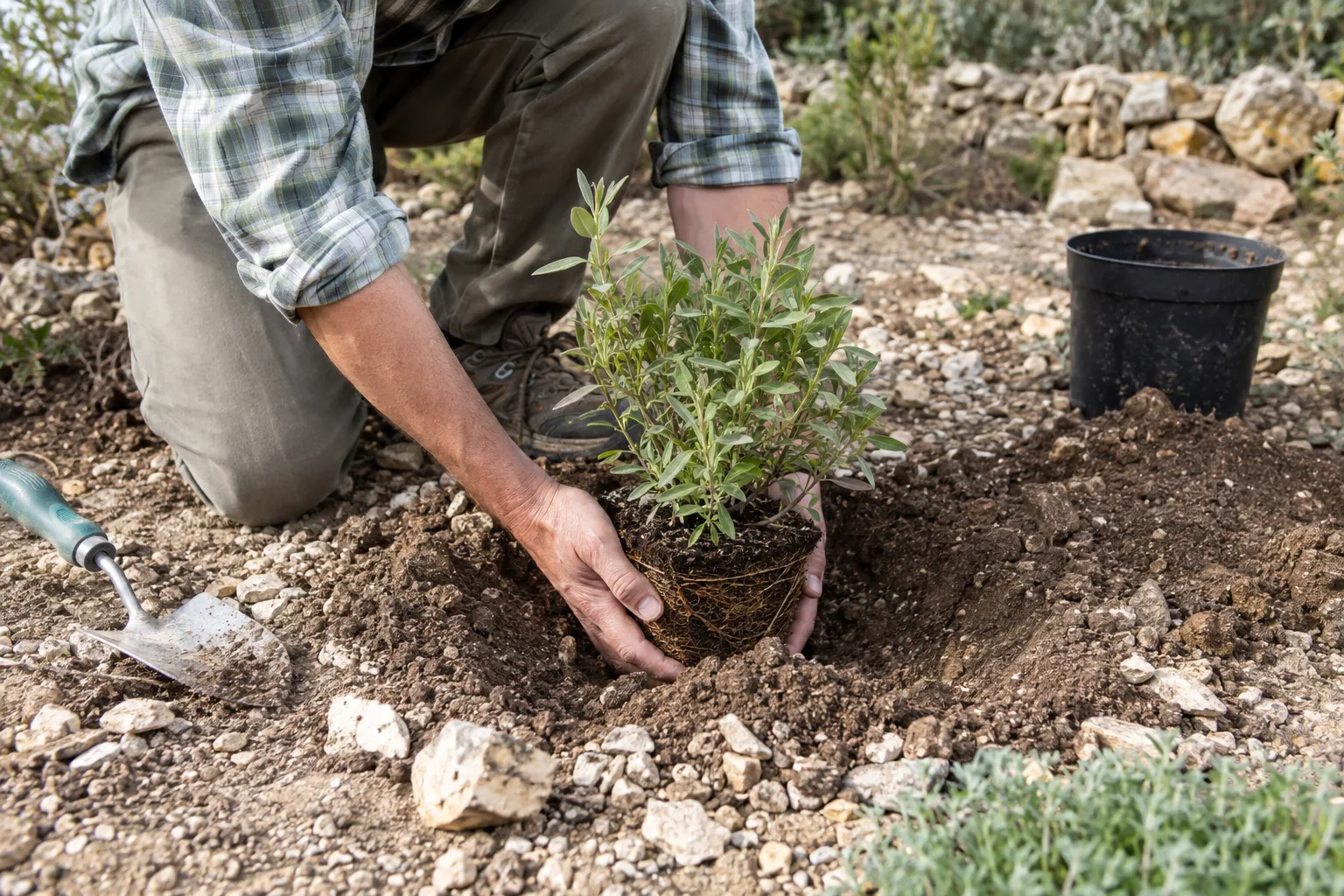 Gardener lowering a container plant into a wide, shallow planting hole in desert soil