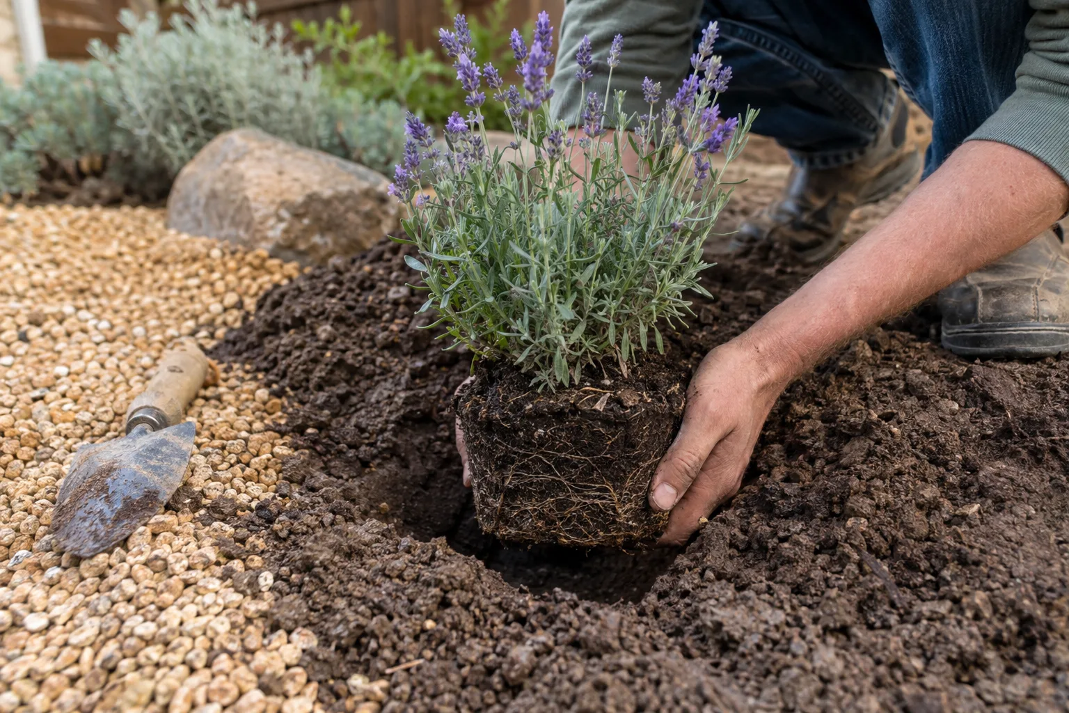 Lavender root ball set slightly above soil level in a hole lined with gritty soil