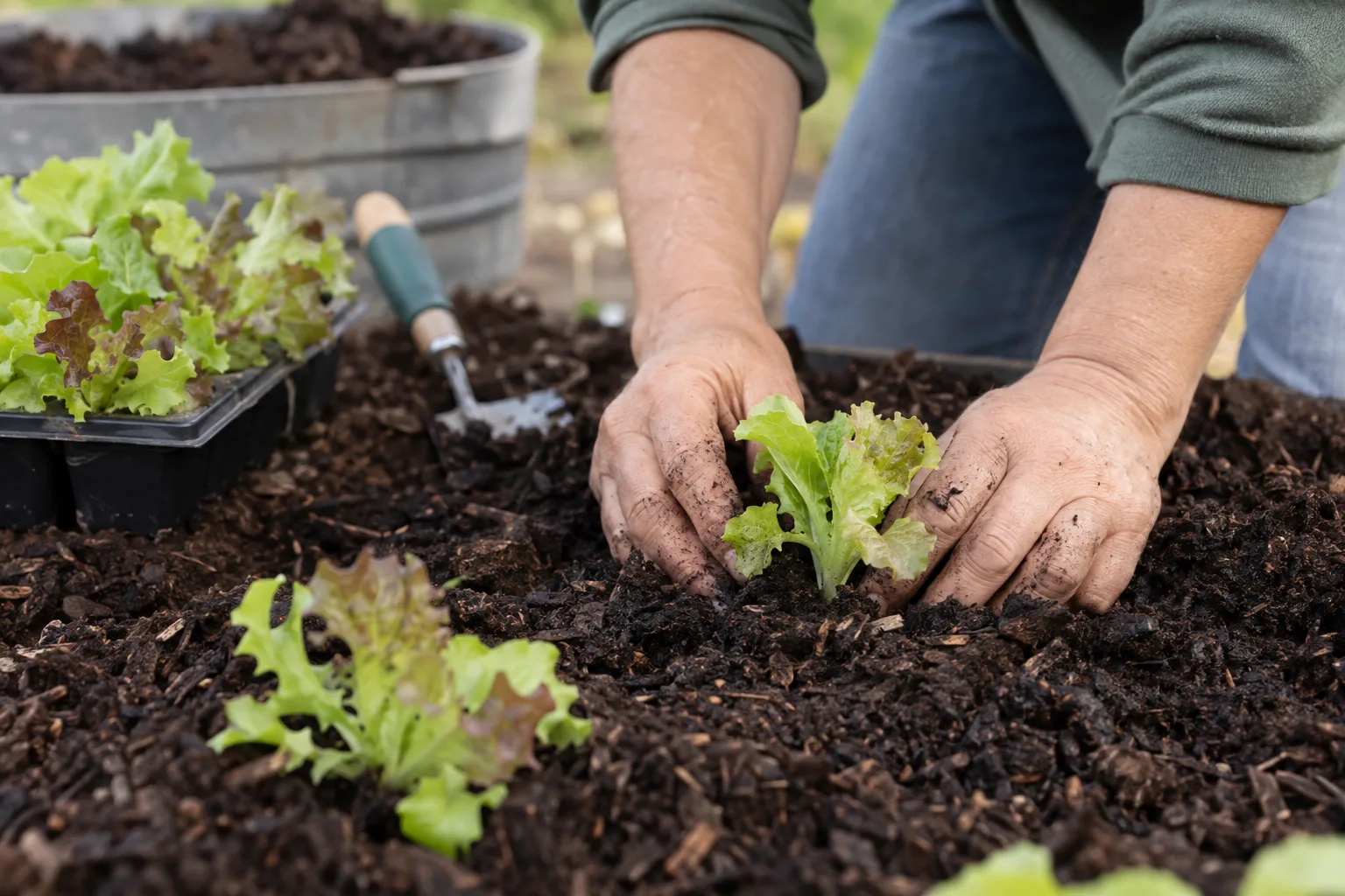 Gardener setting small lettuce transplants into dark amended soil beside a drip line