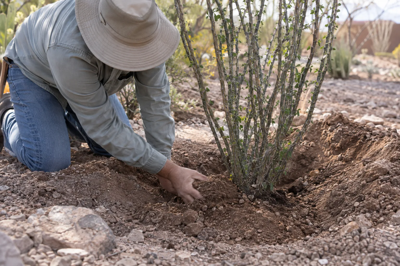 Newly planted ocotillo being backfilled with native desert soil beside a shallow planting hole