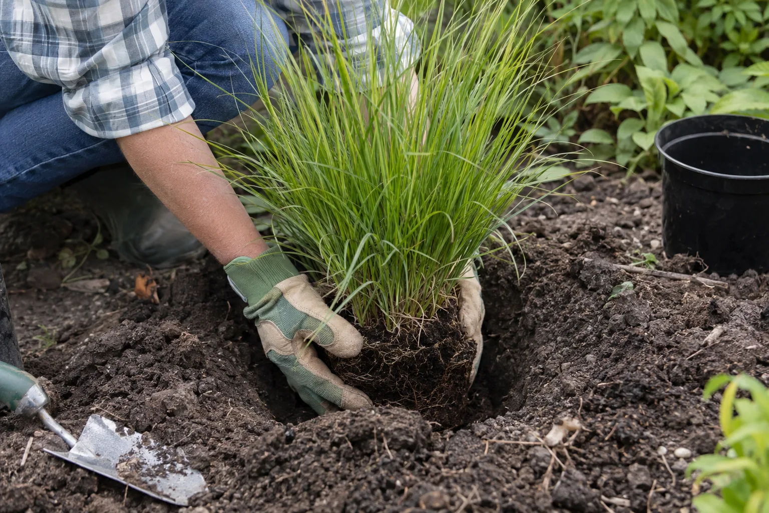 Hands setting a potted ornamental grass into a wide hole with the crown at soil level