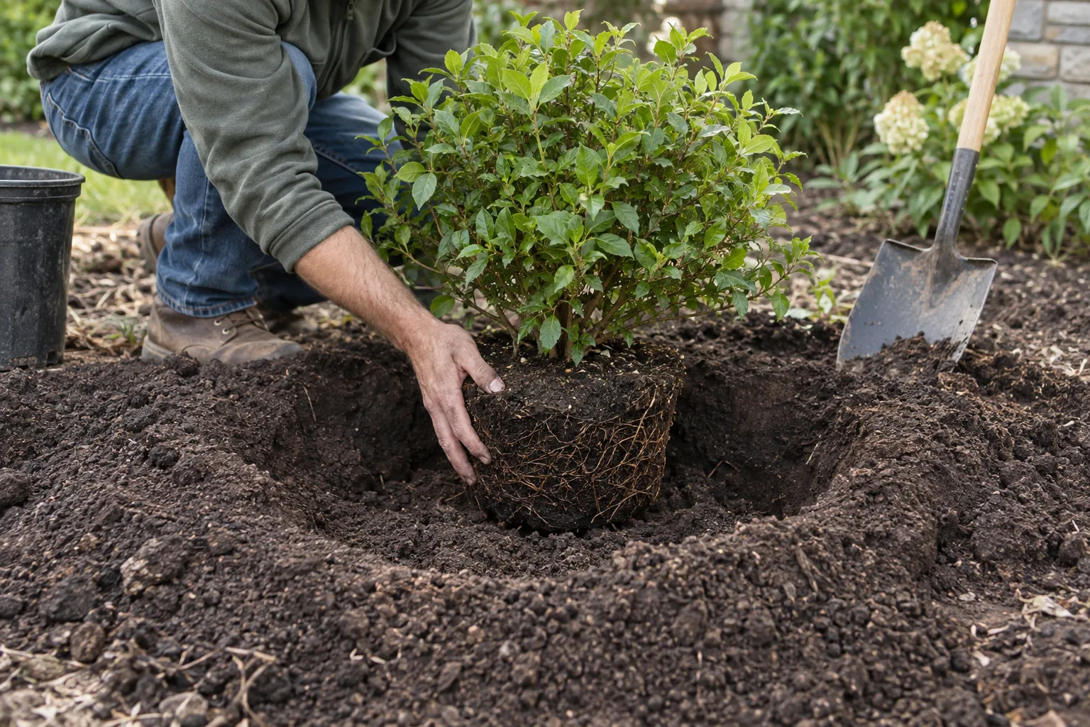 Shrub root ball set slightly high in a wide planting hole in Queen Creek