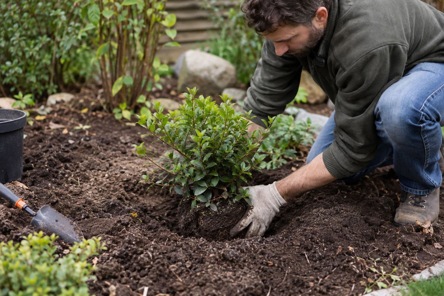 Gardener setting a shrub into a prepared planting basin in desert soil