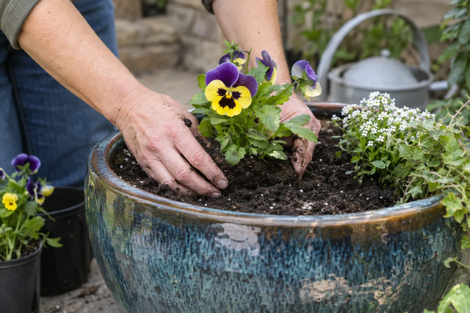 Hands setting a pansy into fresh potting mix inside a large glazed pot