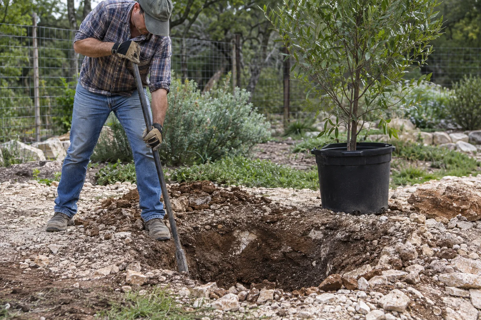 Digging a wide planting hole through hard caliche soil beside a container-grown tree