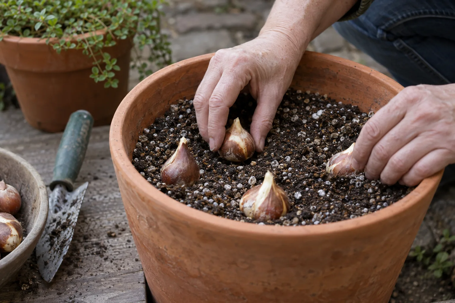 Hands setting a tulip bulb pointed end up into a deep pot of gritty soil