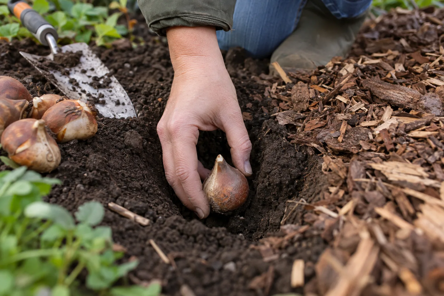 Gardener placing a tulip bulb pointed end up into a deep planting hole