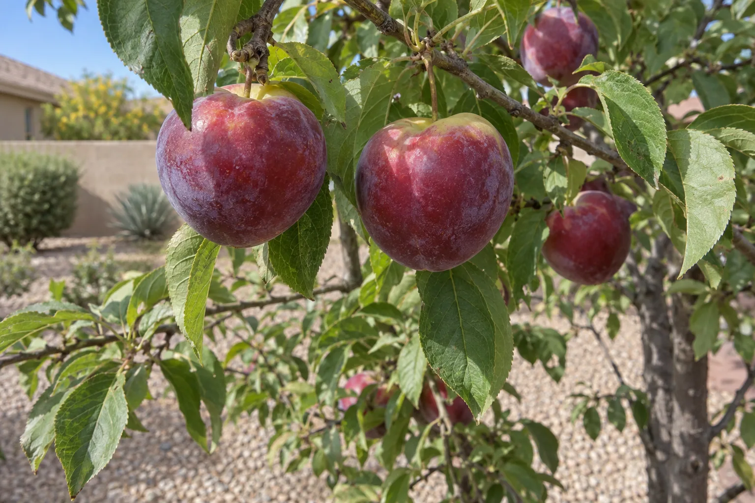 Beauty plum tree with ripe reddish-purple plums hanging among green leaves