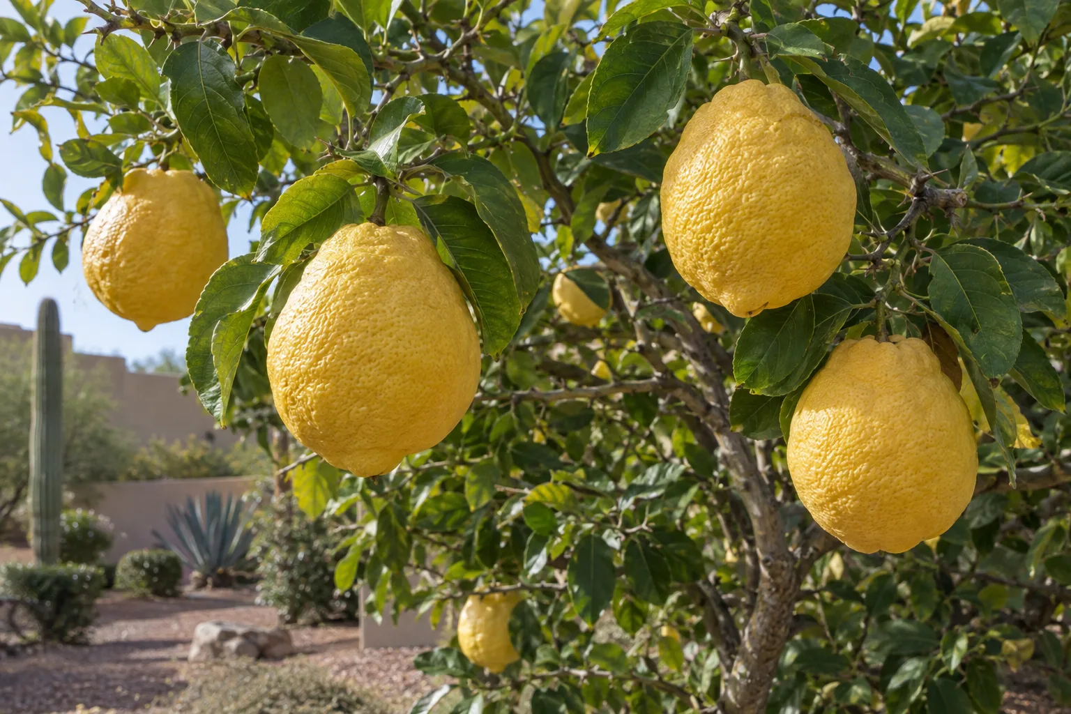 Ponderosa lemon tree with enormous bumpy yellow lemons weighing down its branches