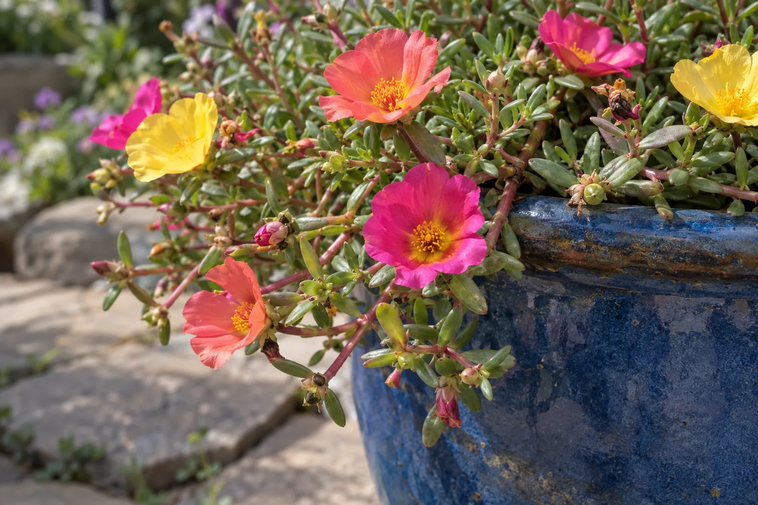 Pink, orange and yellow portulaca blooming in a blue glazed pot