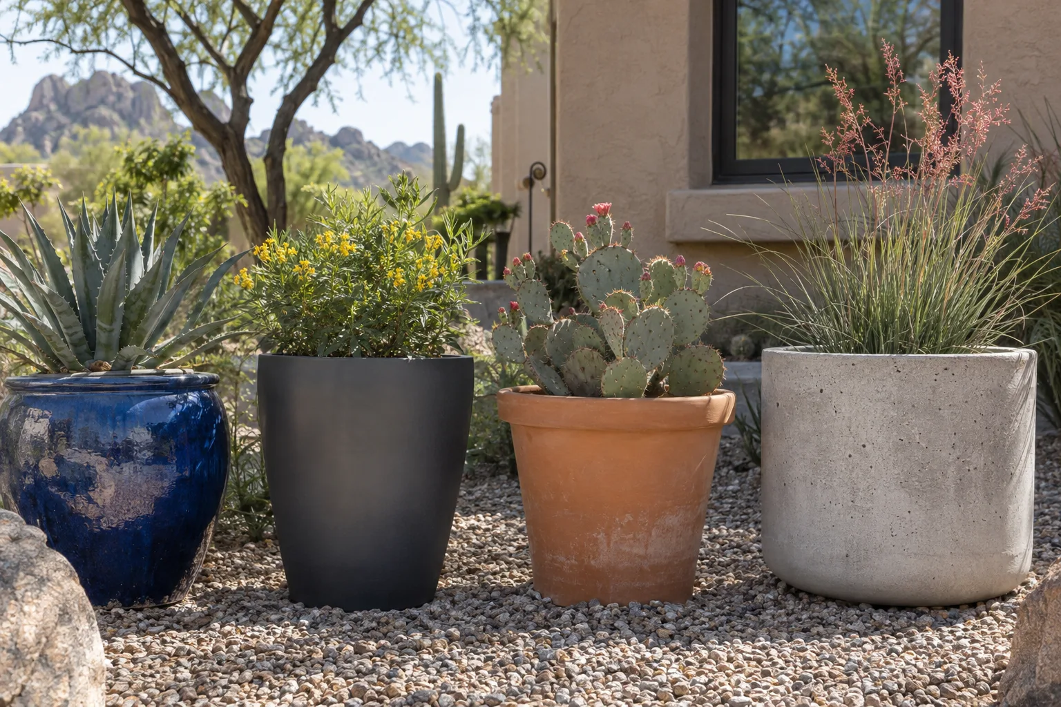 Glazed ceramic, fiberglass, terracotta and concrete pots lined up at Desert Horizon Nursery in Queen Creek