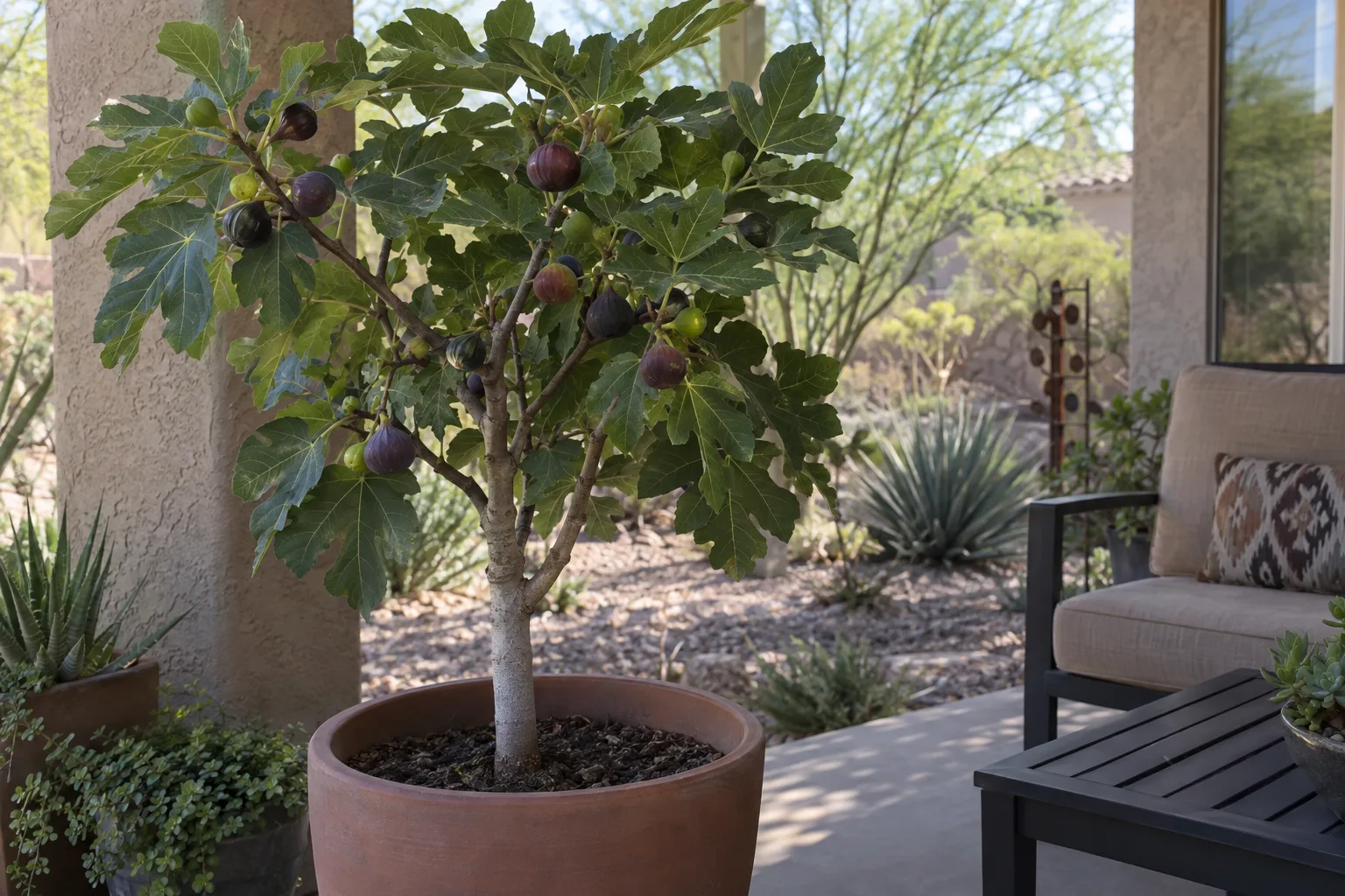 Potted fig tree with ripe fruit on a shaded low desert patio