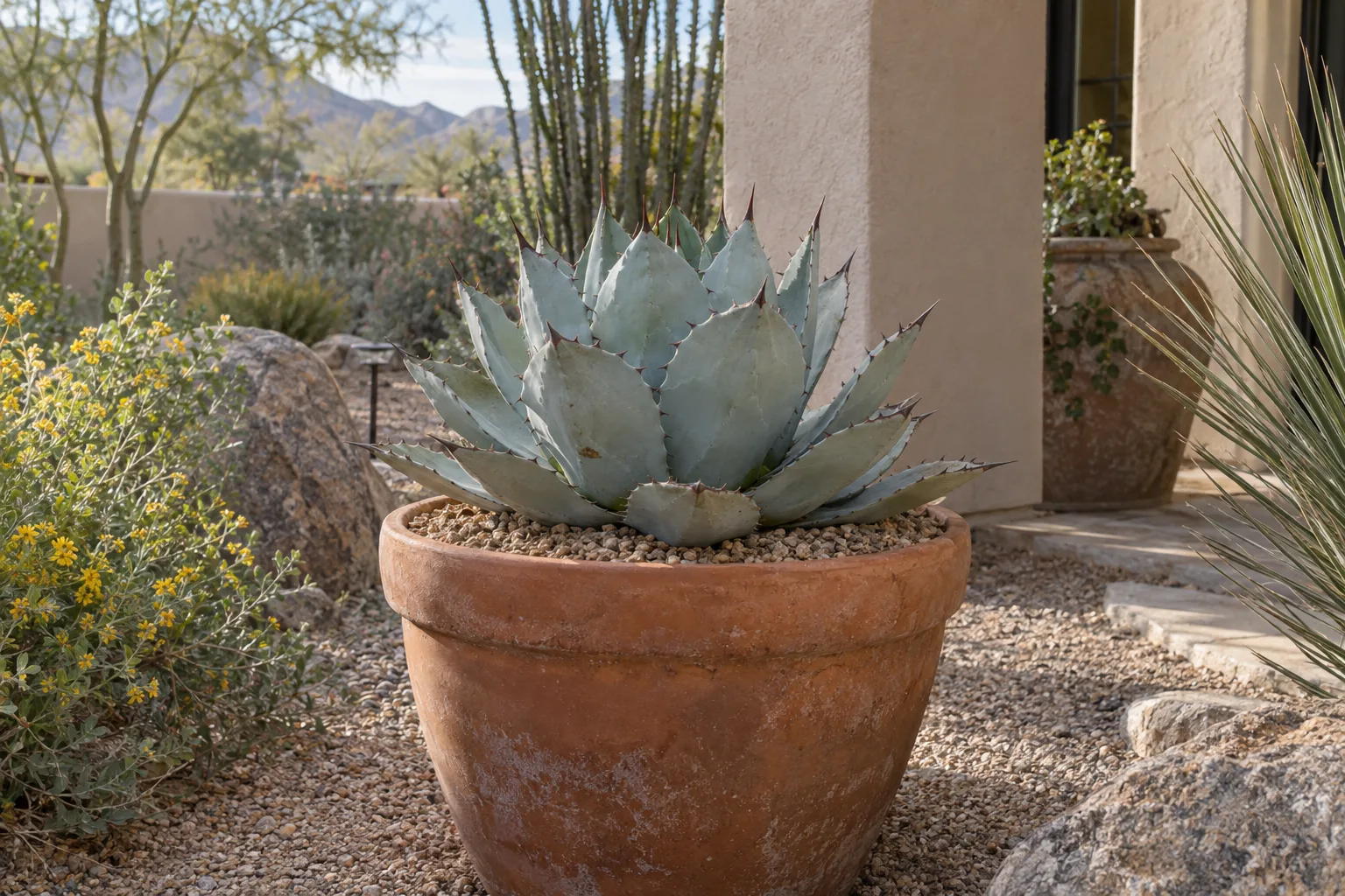 Newly potted Parry's agave topped with decomposed granite at Desert Horizon Nursery in Queen Creek