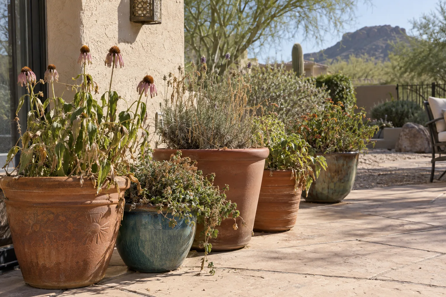 Wilting potted perennials on a sunny stucco patio wall in the low desert