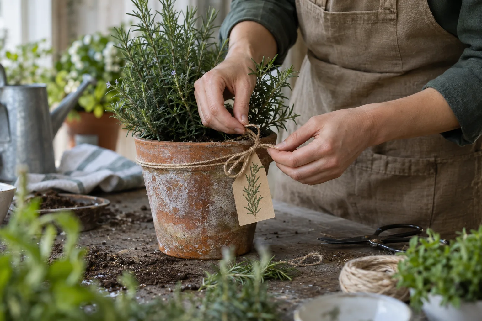 Hands tying a ribbon around a potted plant with a handwritten care card