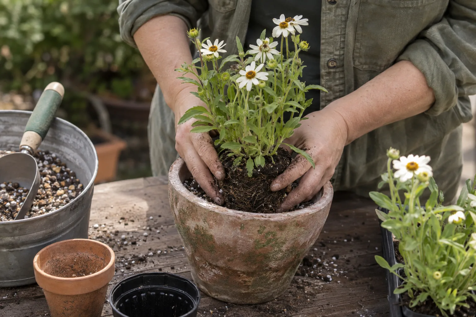 Gloved hands placing a blackfoot daisy into a pot filled with gritty, fast-draining soil mix