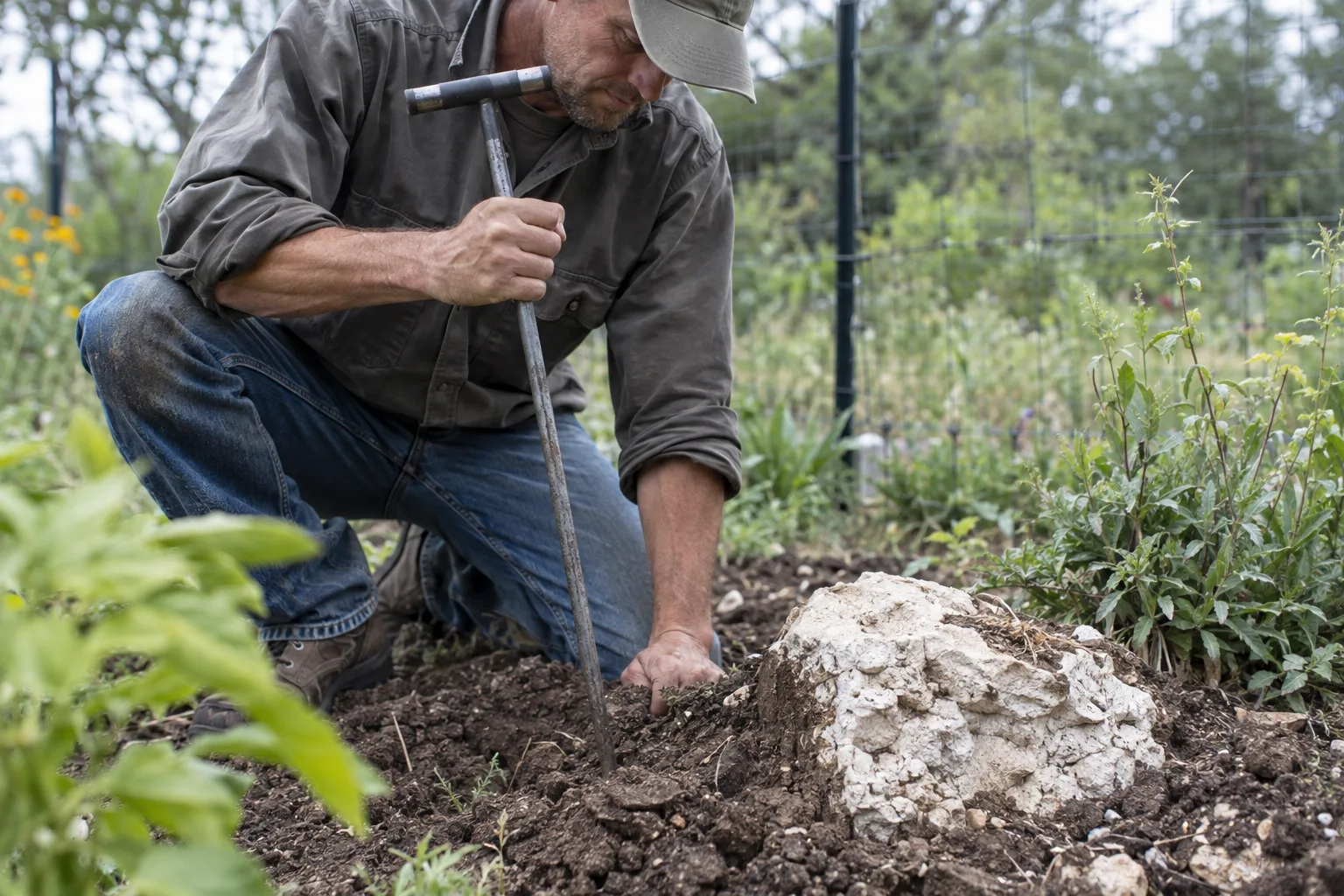 Metal rod and a chunk of caliche beside a garden bed in Queen Creek