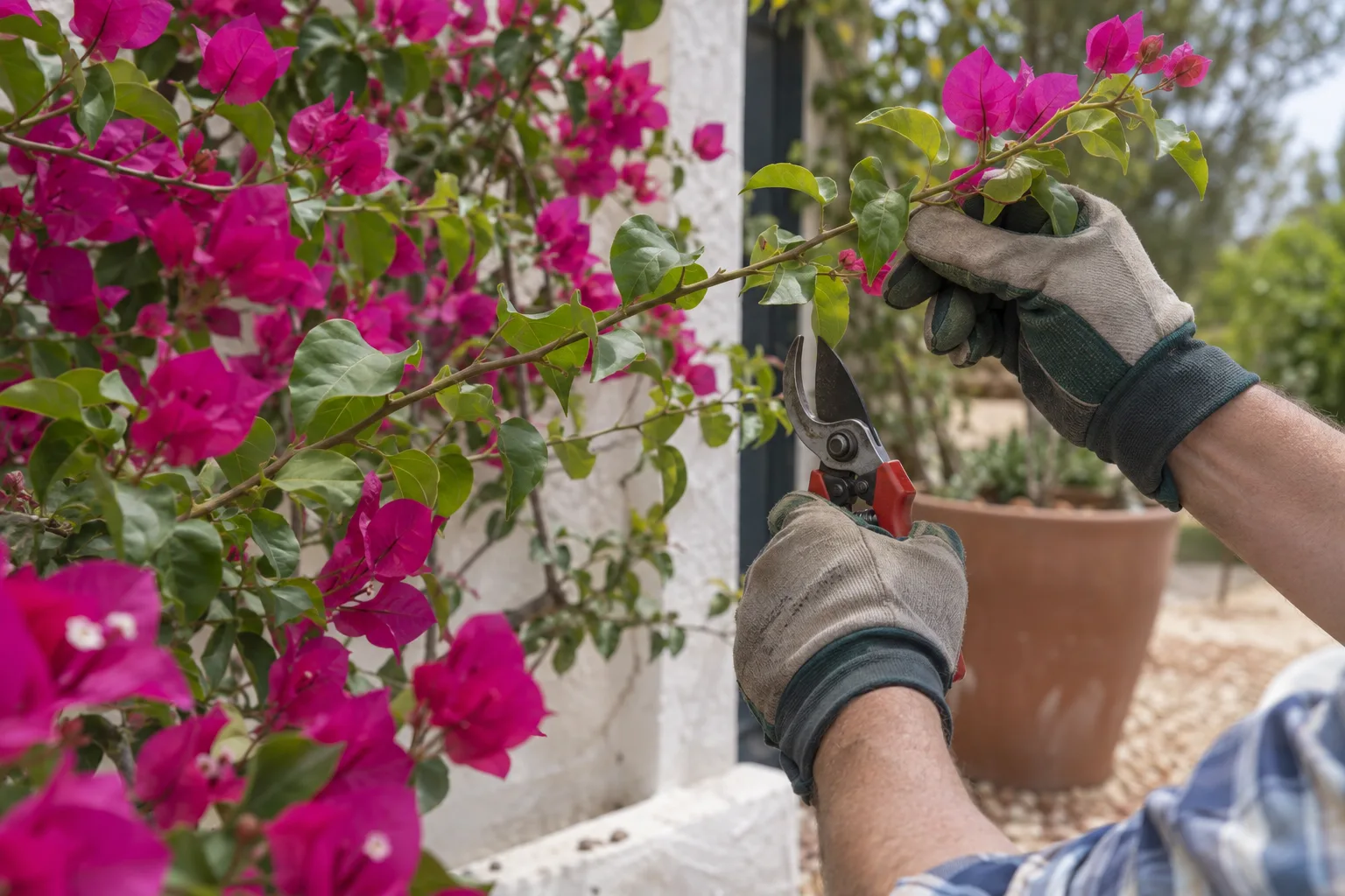 Gloved hands trimming a long bougainvillea cane just above an outward-facing bud