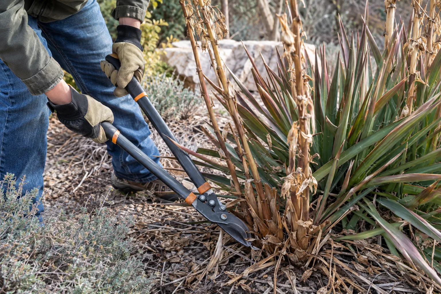 Gloved hands cutting spent flower stalks at the base of a red yucca clump