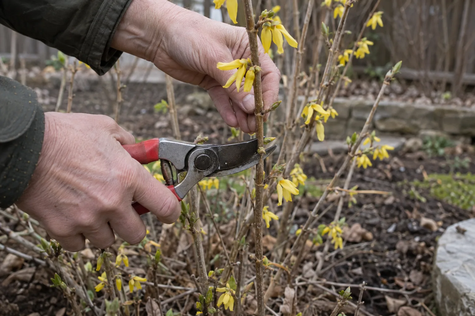 Bypass pruners making an angled cut above a node on a woody yellow bells stem