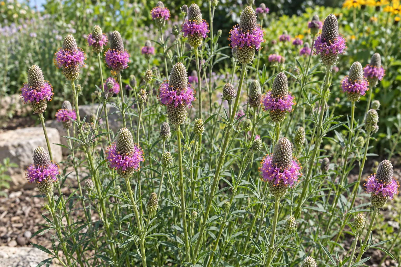Purple prairie clover with thimble-shaped rose-purple flower heads on slender stems