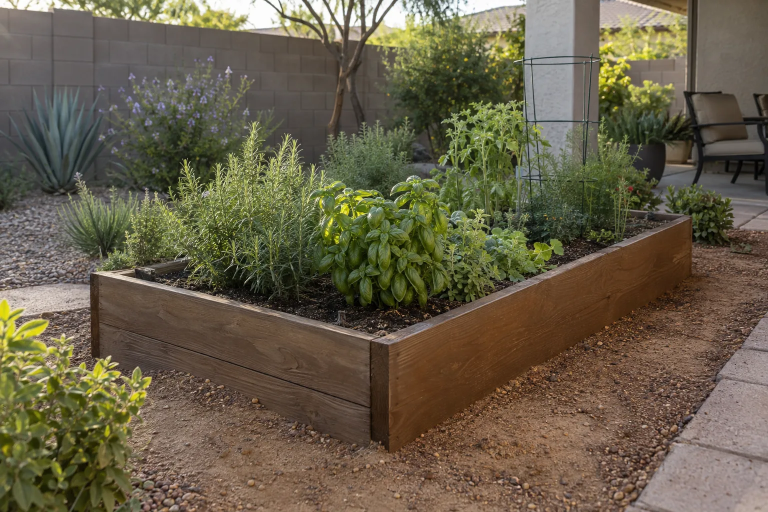 Raised herb and vegetable bed with a bare soil border in a Queen Creek yard