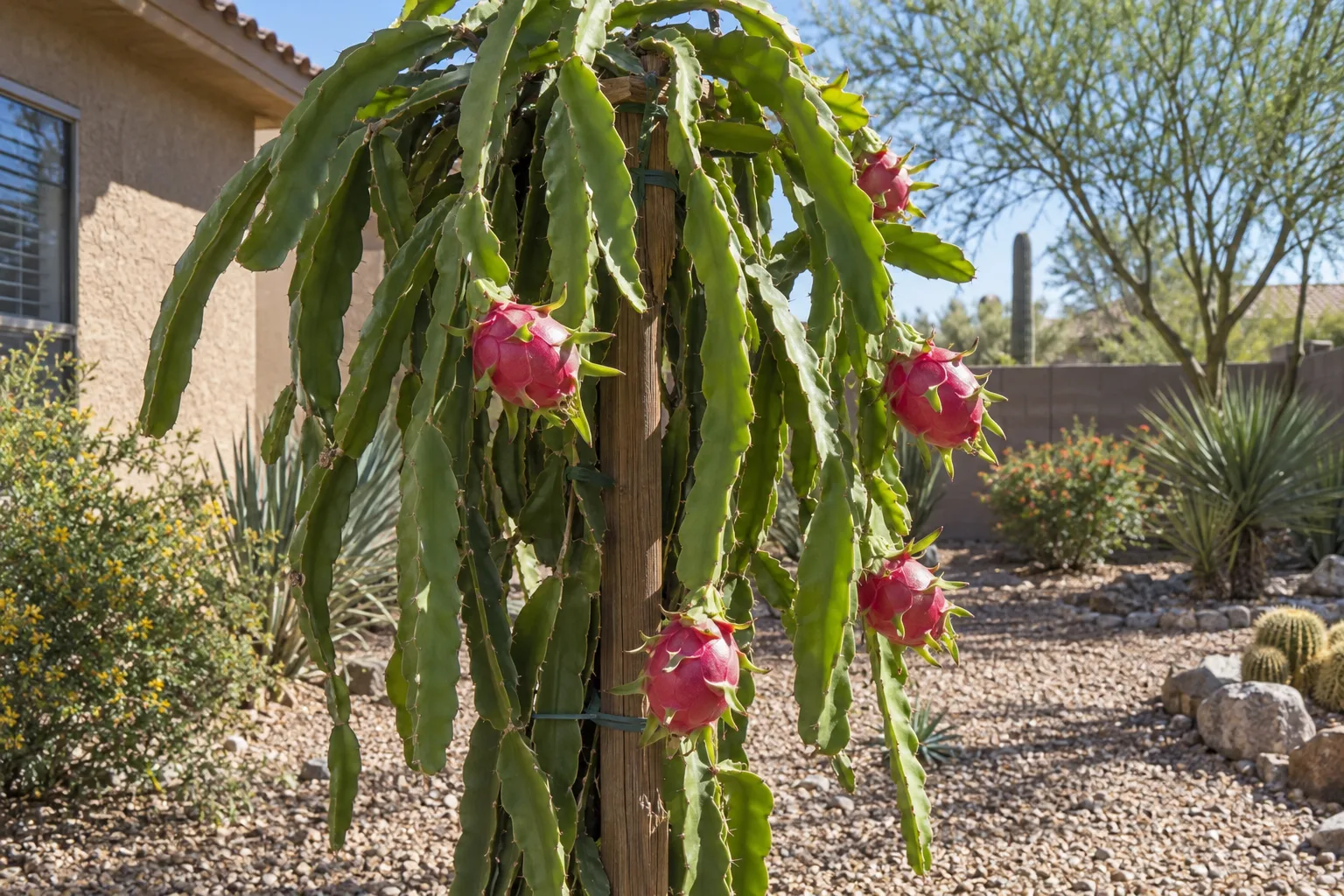 Red dragon fruit cactus on a wooden post trellis with three-sided green stems and ripe magenta-red fruit