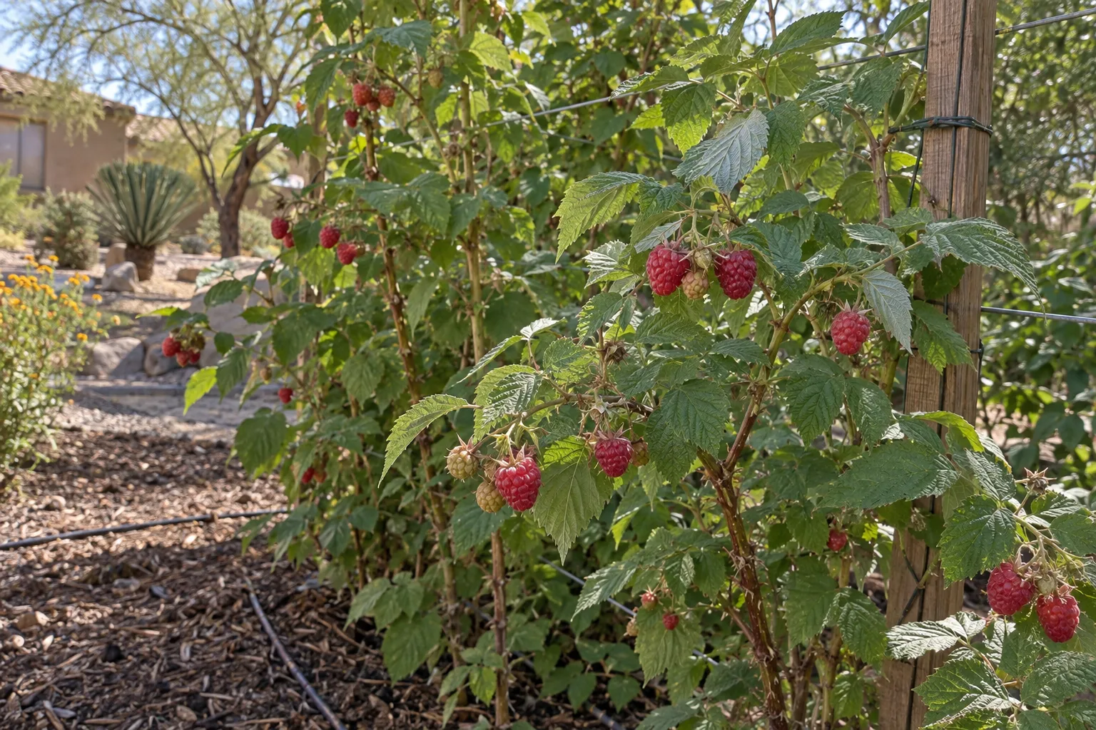 Red raspberry canes with toothed green leaves and clusters of ripe red berries in a mulched bed