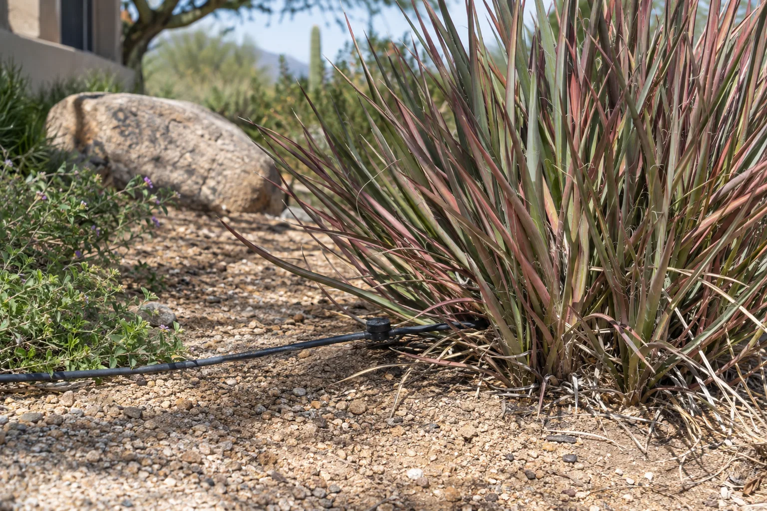 Drip emitter watering the outer edge of a red yucca clump in gravel soil