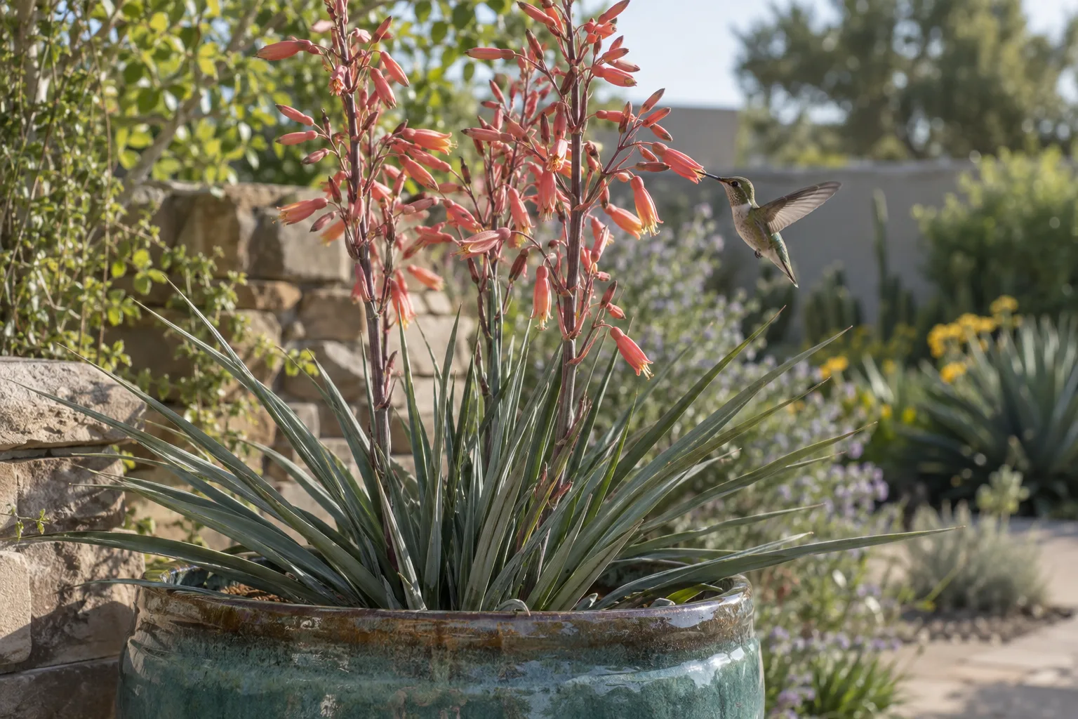 Red yucca in a large glazed pot with tall coral flower spikes in spring