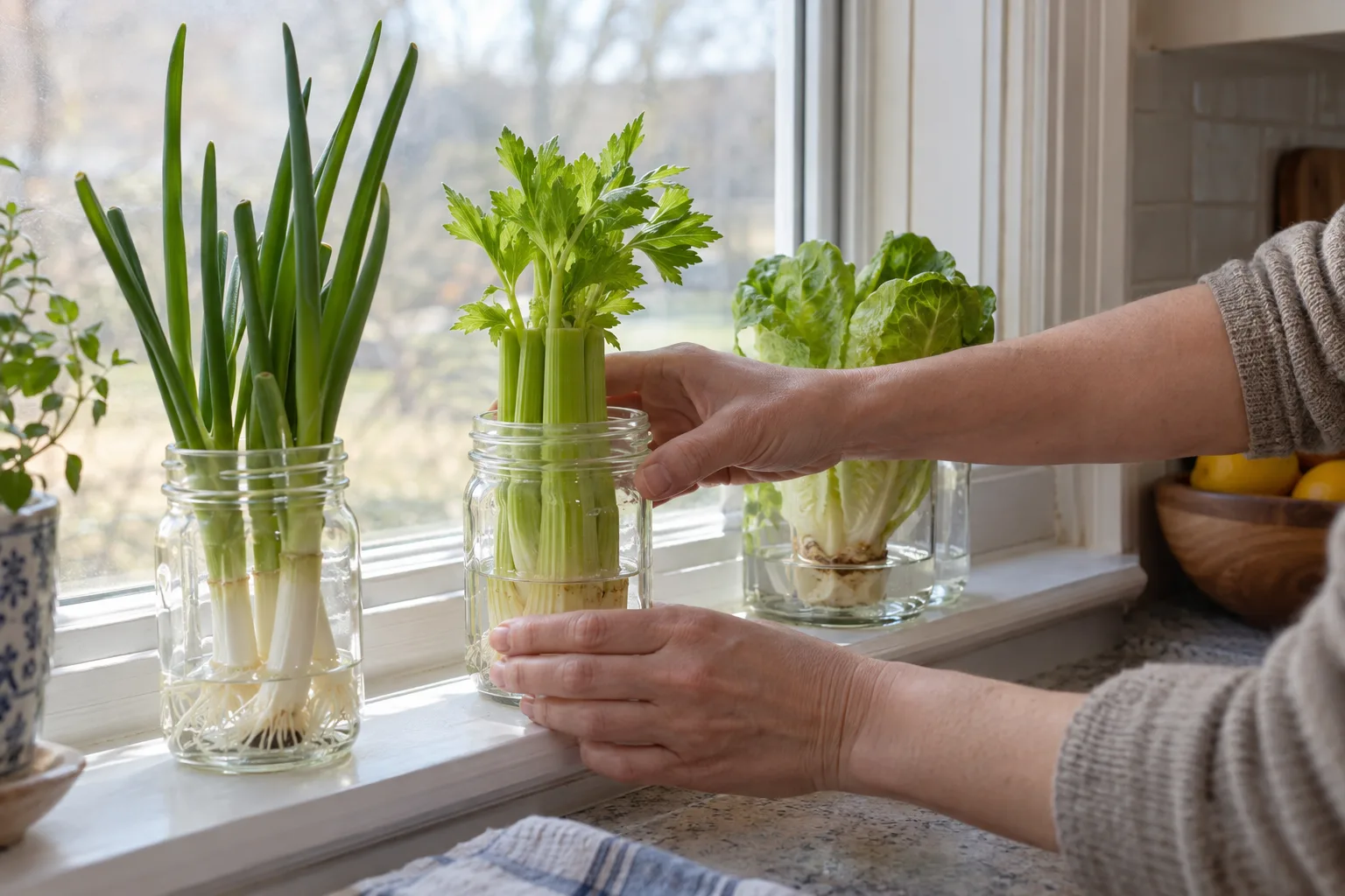 Glass jars on a sunny kitchen windowsill holding regrowing green onion, celery and romaine bases