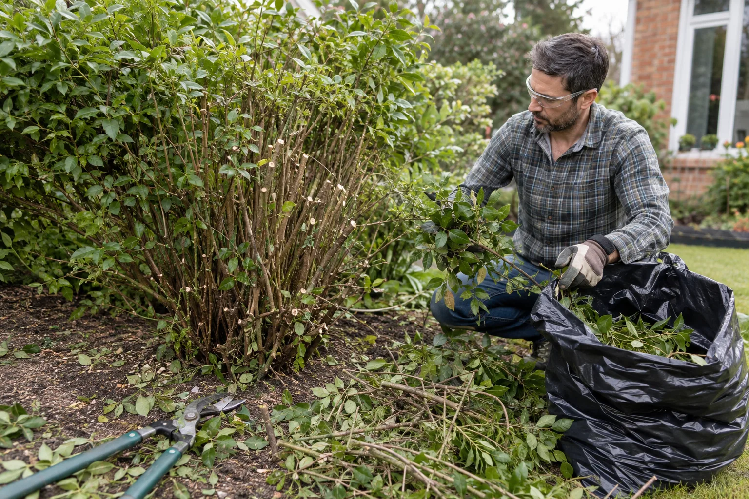 Gardener wearing gloves and glasses bagging cut shrub clippings in heavy bags