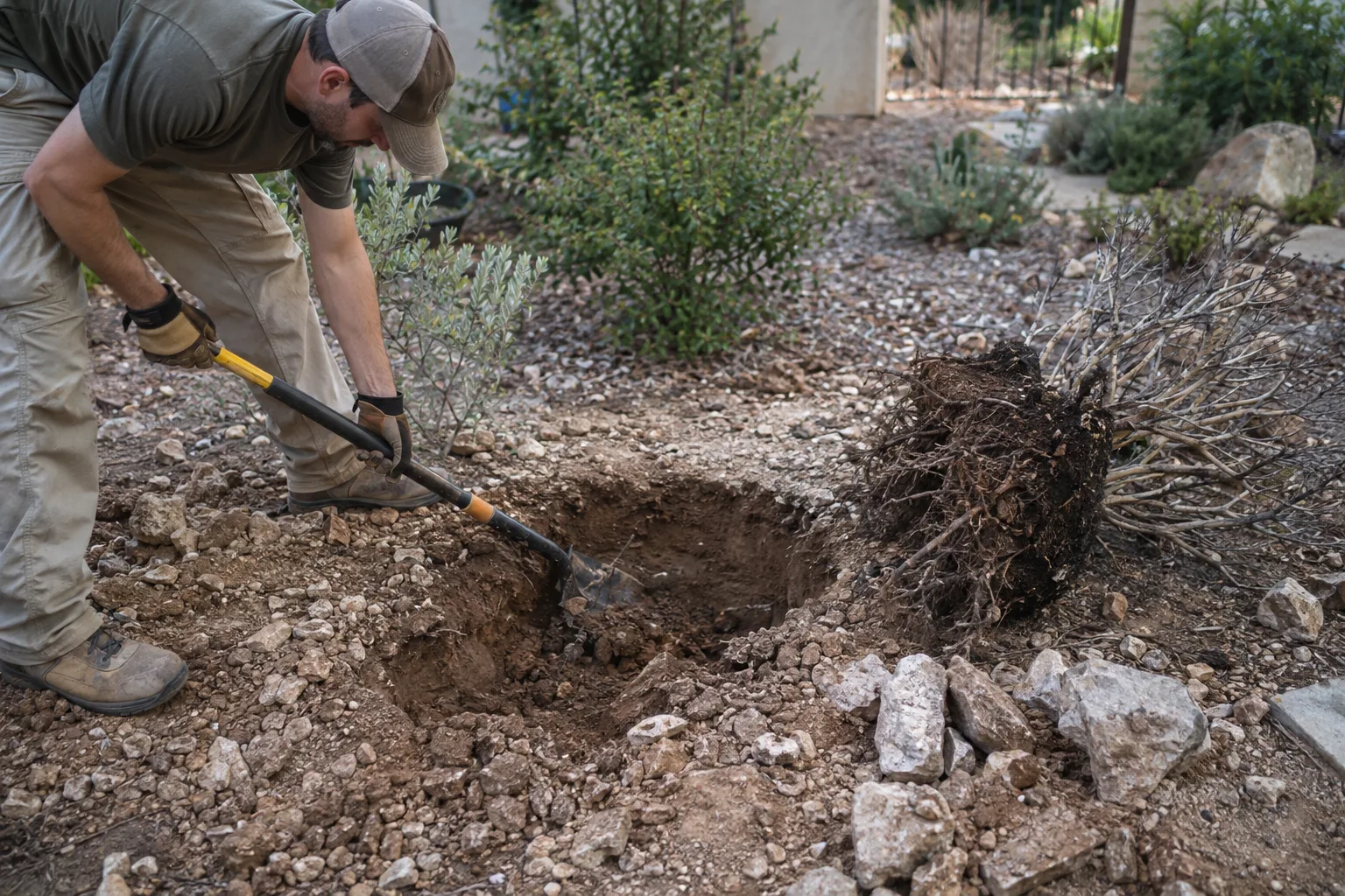 Gardener digging a wide planting hole in rocky caliche soil at Desert Horizon Nursery in Queen Creek