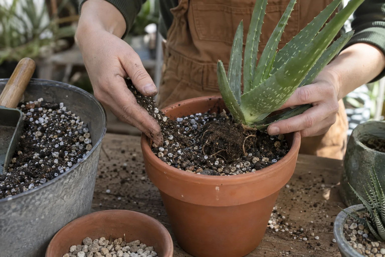 Hands repotting an aloe into gritty cactus mix in a terracotta pot