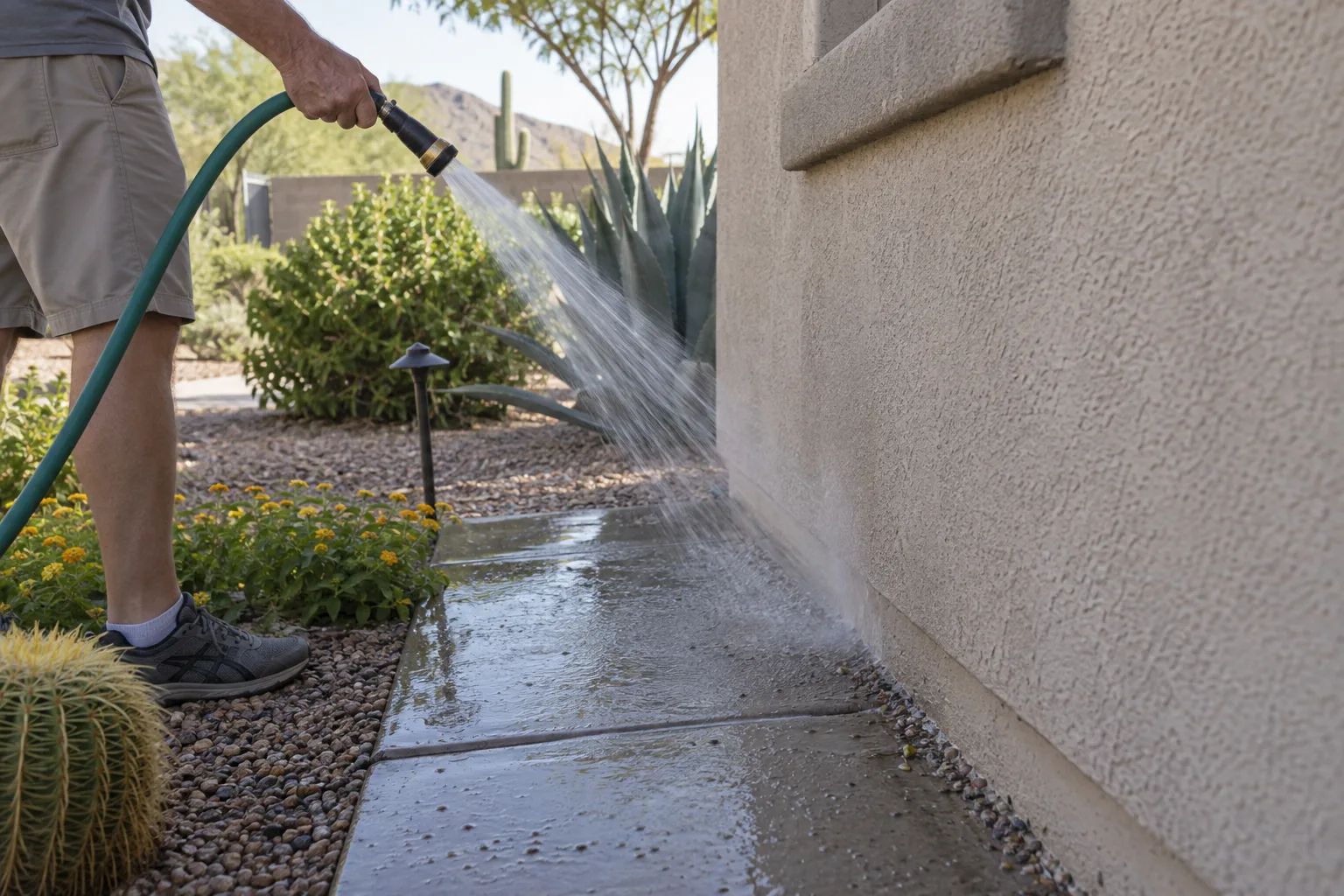 Hose rinsing mites off a patio edge and stucco wall at Queen Creek home