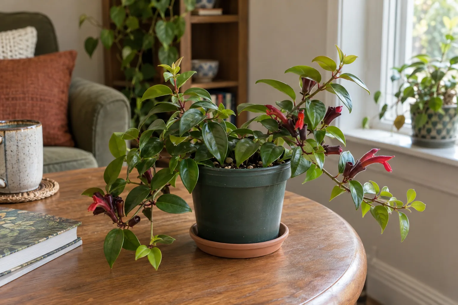 Young rooted lipstick plant with fresh growth in a small pot at Desert Horizon Nursery in Queen Creek