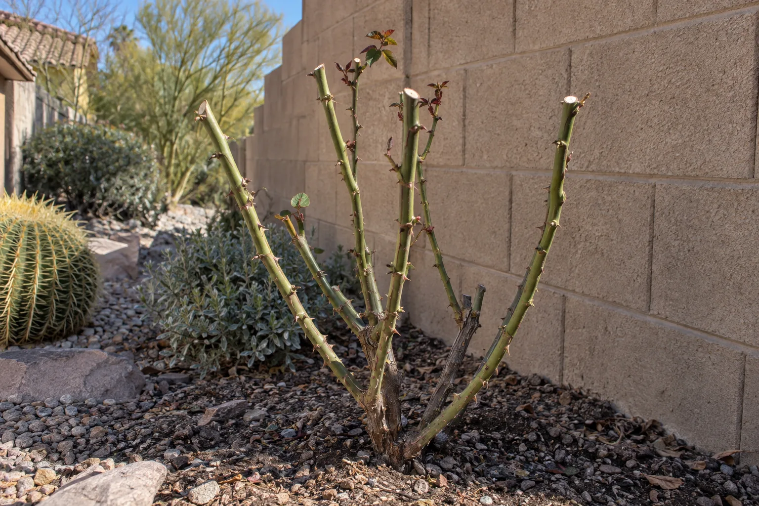 Rose bush cut back to five strong canes beside a block wall in winter