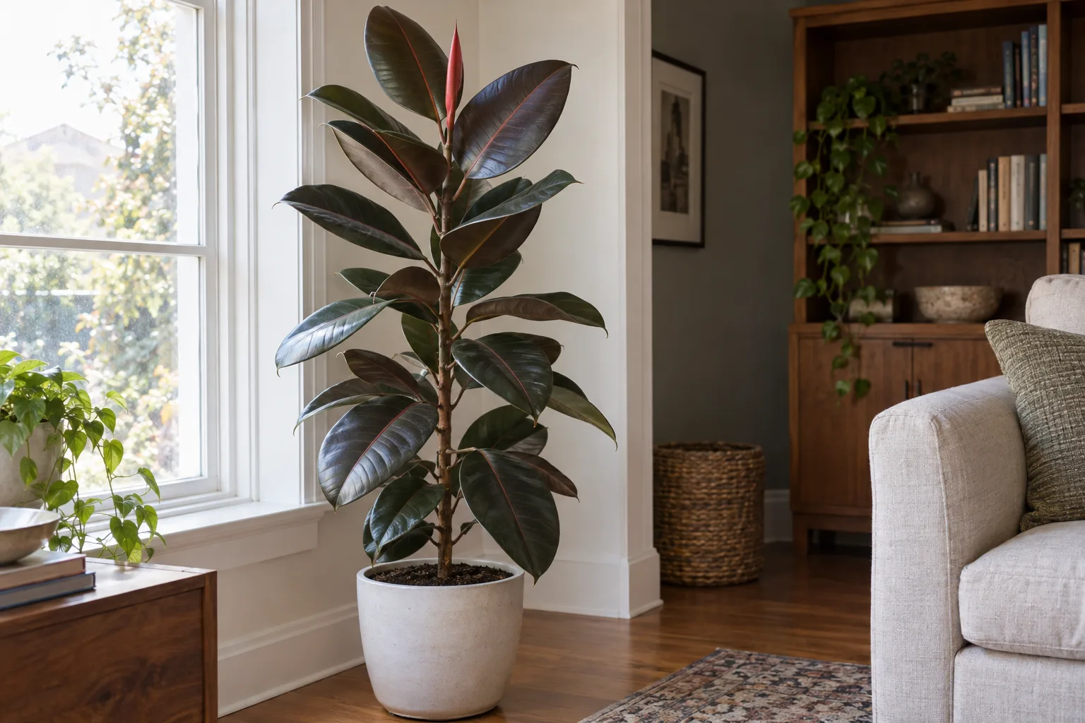 Rubber plant ficus with large glossy burgundy-tinged dark green leaves in a ceramic pot