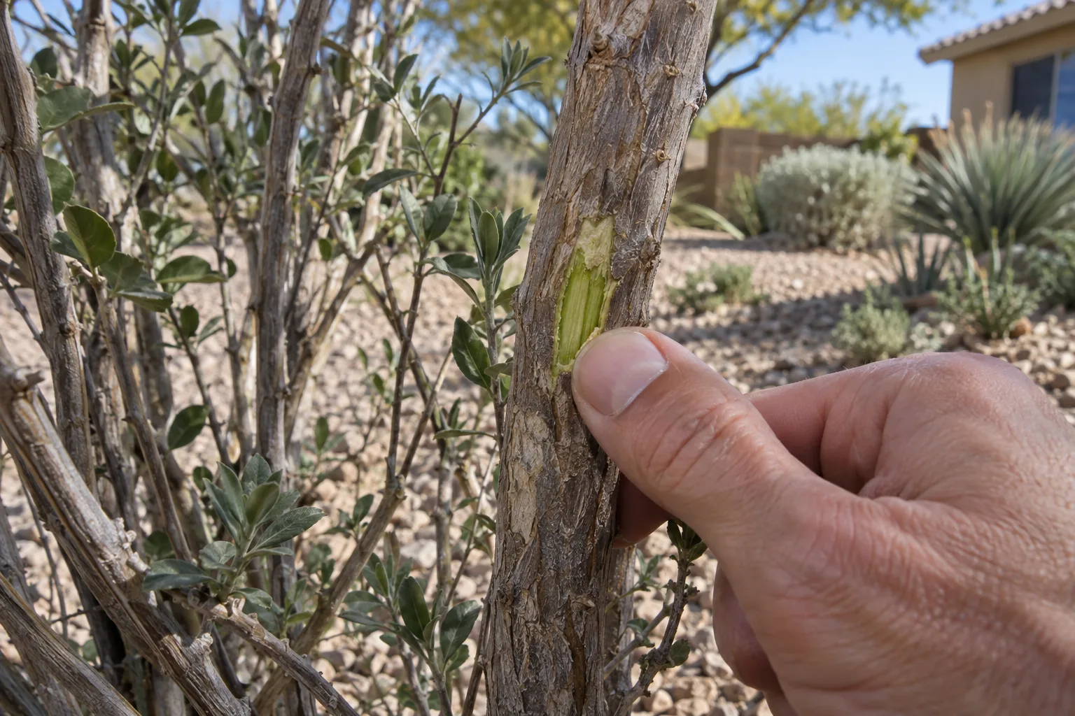 Thumbnail scratching a shrub stem to reveal green living tissue under the bark
