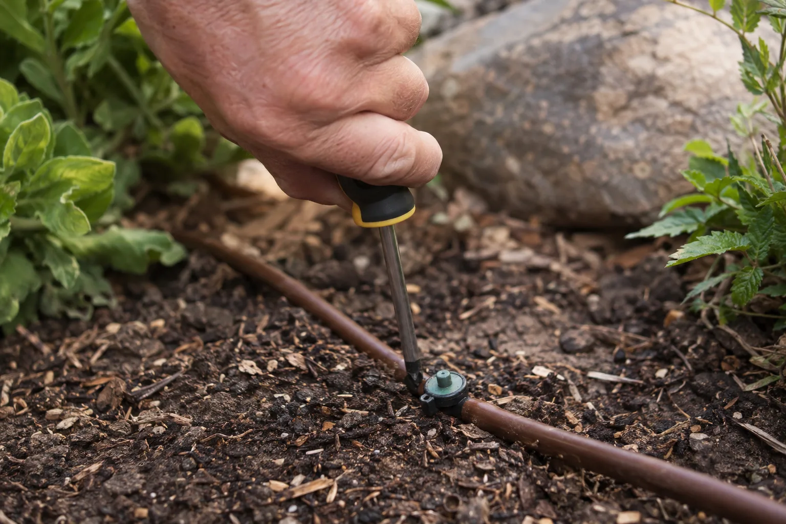 Screwdriver pushed into desert soil near a drip emitter to test moisture