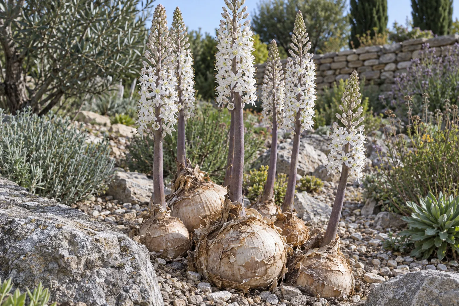 Sea squill with large half-exposed bulbs and tall leafless spikes of white flowers in a rock garden