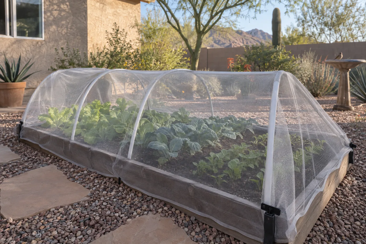 Mesh cover stretched over a freshly seeded vegetable bed to keep quail out
