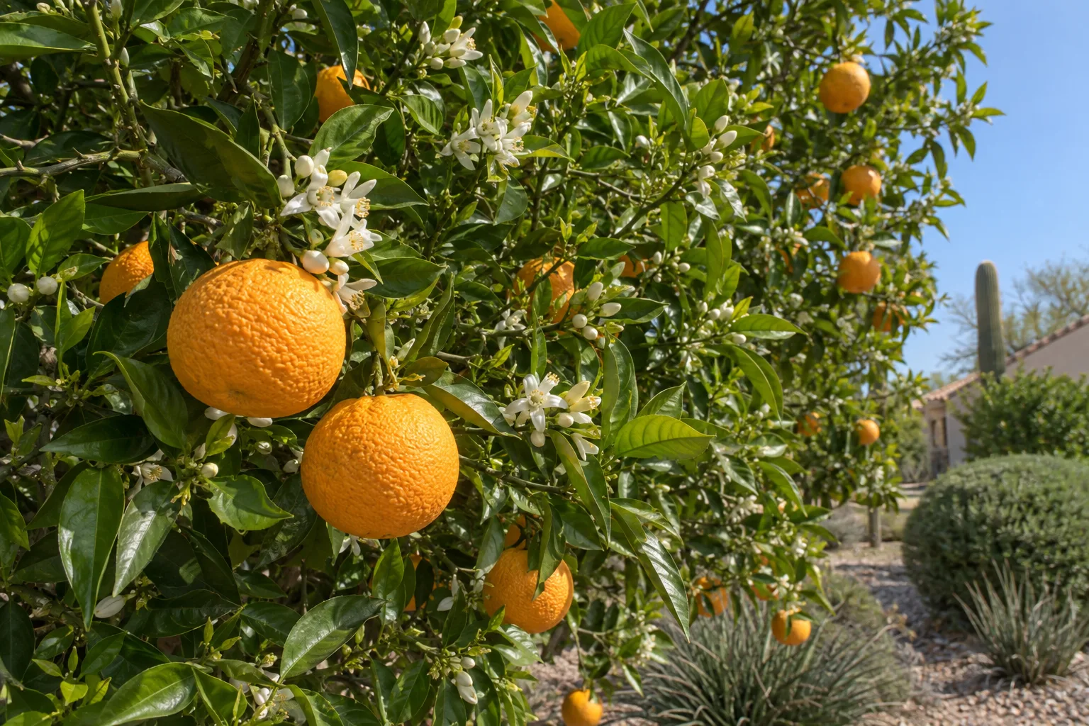 Seville sour orange tree with rough-skinned bright orange fruit, white blossoms and dark green leaves